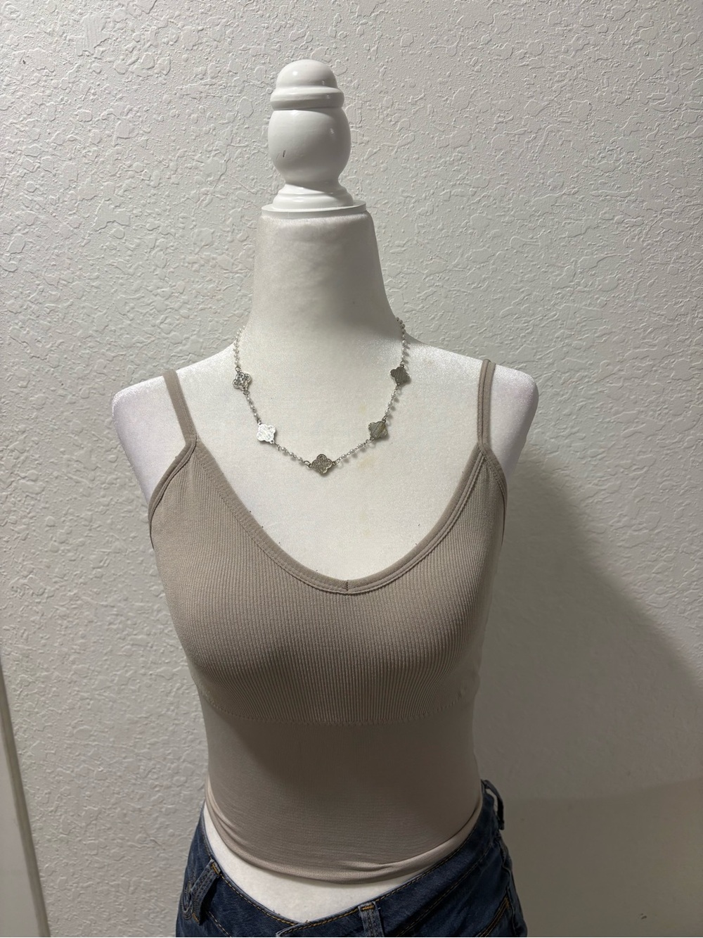 Hollister Ribbed V-Neck Crop Tank Top - Taupe